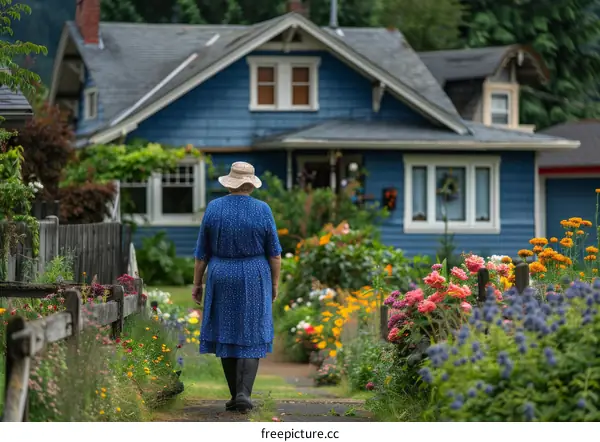 Woman Walking in a Vibrant Neighborhood Garden