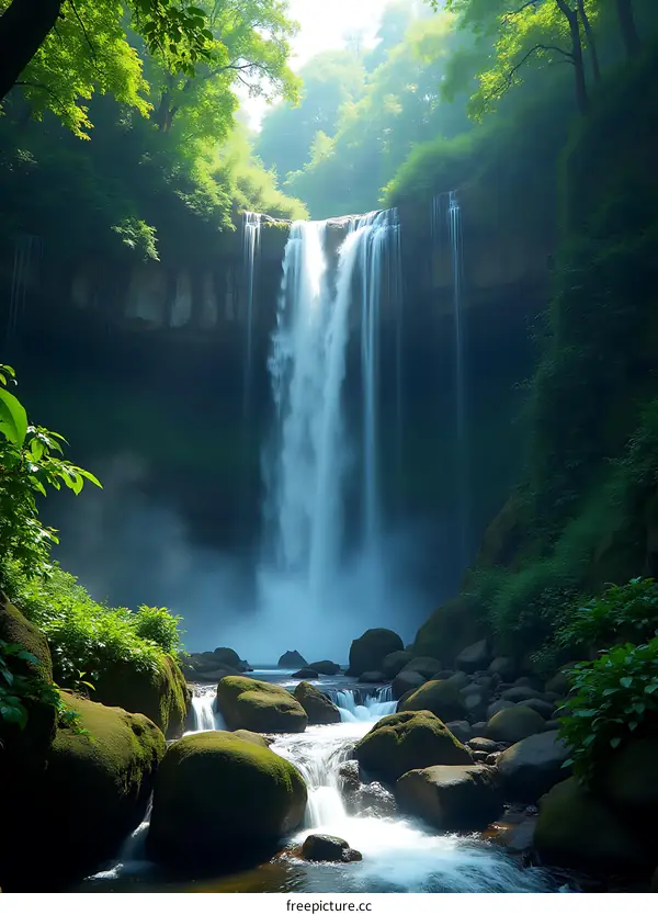 Tranquil Waterfall Scene in Lush Green Forest