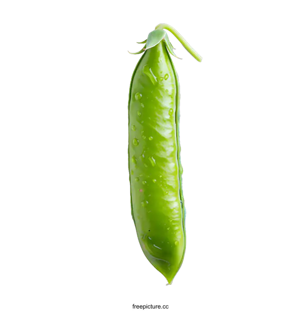 [Transparent Background PNG]Single Green Pea Pod with Water Drops on White Background