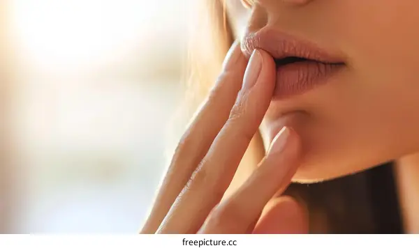 Closeup Beauty Woman Lips Touching Finger