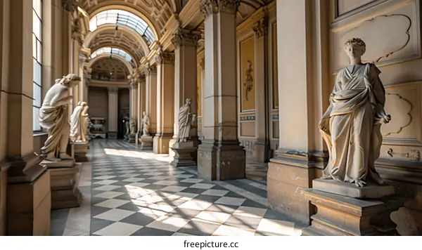 Classical Sculptures in a Grand Hallway