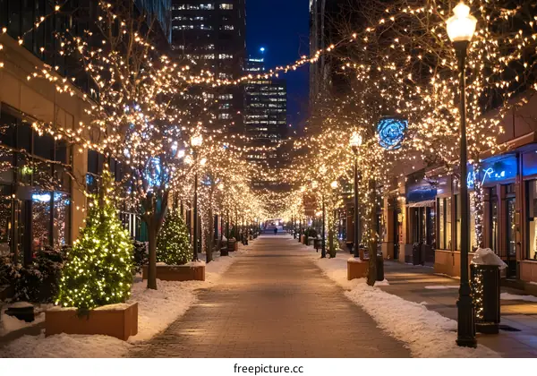 Night City Street Decorated with Christmas Lights