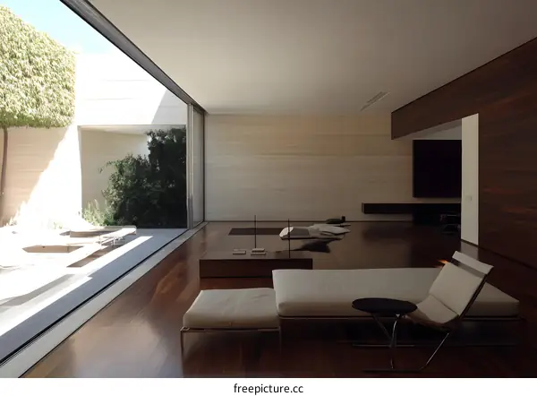 Modern Minimalist Living Room With Large Window And Patio