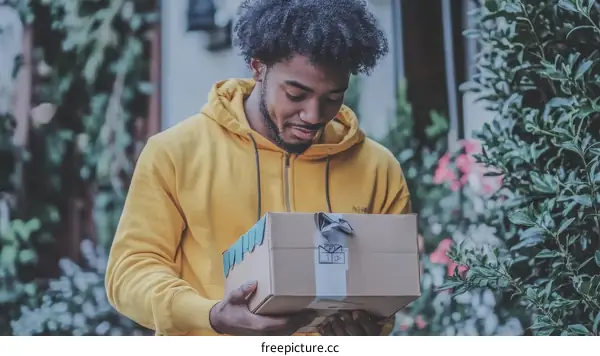 Young Black Man Receiving a Package Outdoors