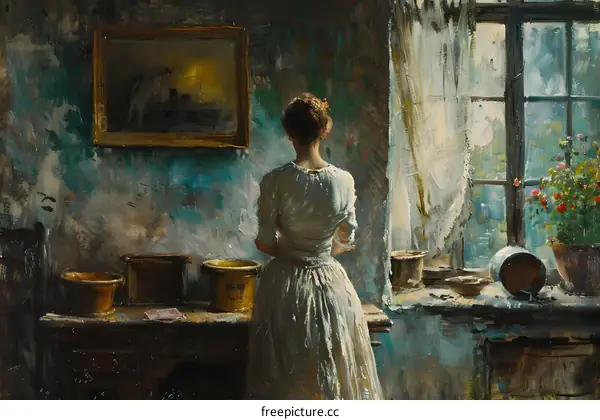 Woman in a White Dress Standing by the Window in a Rural Home