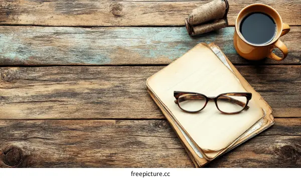 Vintage Wooden Tabletop with Coffee and Books