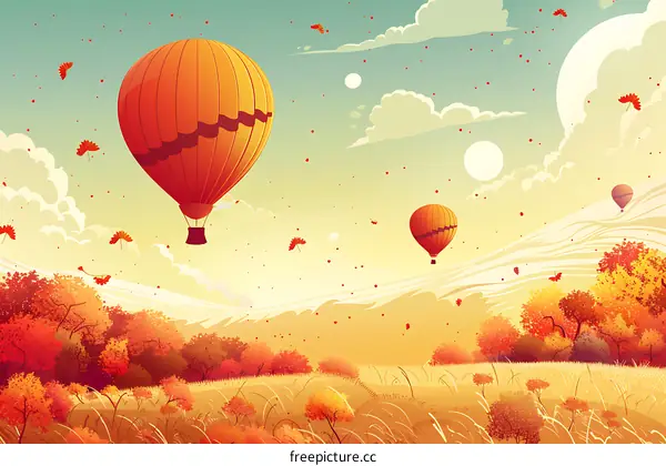 Autumn Landscape with Hot Air Balloons