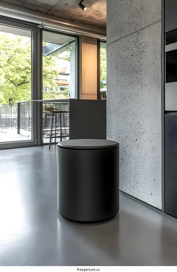 Black Round Trash Can in Modern Minimalist Interior Design
