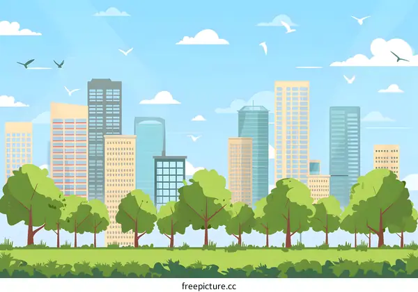 Cityscape With Green Trees And Blue Sky