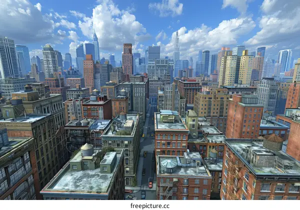 A cityscape skyline of a large American city filled with skyscrapers