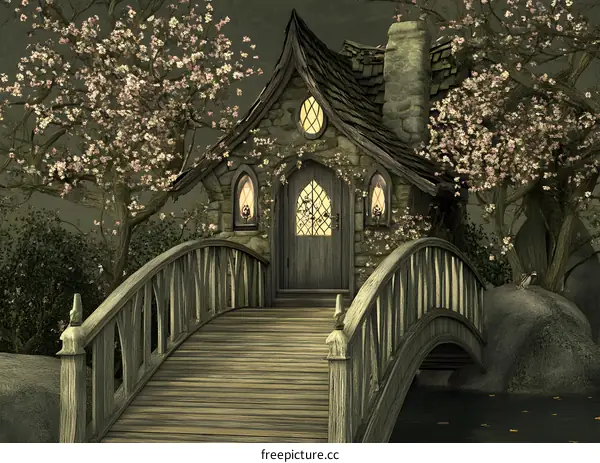 Stone Cottage with a Wooden Bridge in a Fantasy Forest