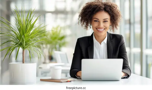 Smiling Black Businesswoman Working on Laptop in Office