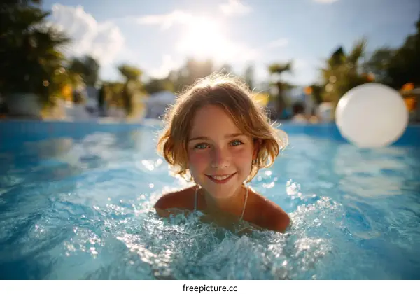 Happy Girl Swimming in a Pool on a Sunny Day