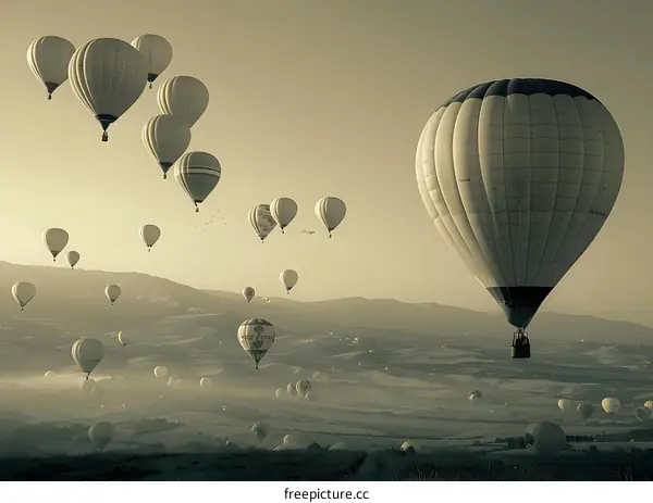Hot Air Balloons Flying Over a Mountain Landscape