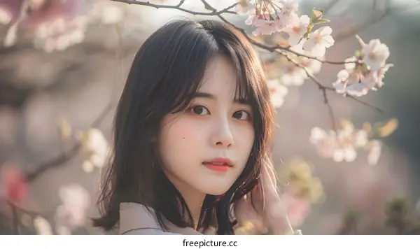 Beautiful Asian Woman Posing In Front Of A Blooming Cherry Blossom Tree