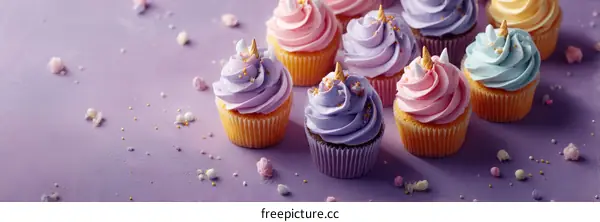 Delicious Unicorn Cupcakes on a Purple Background