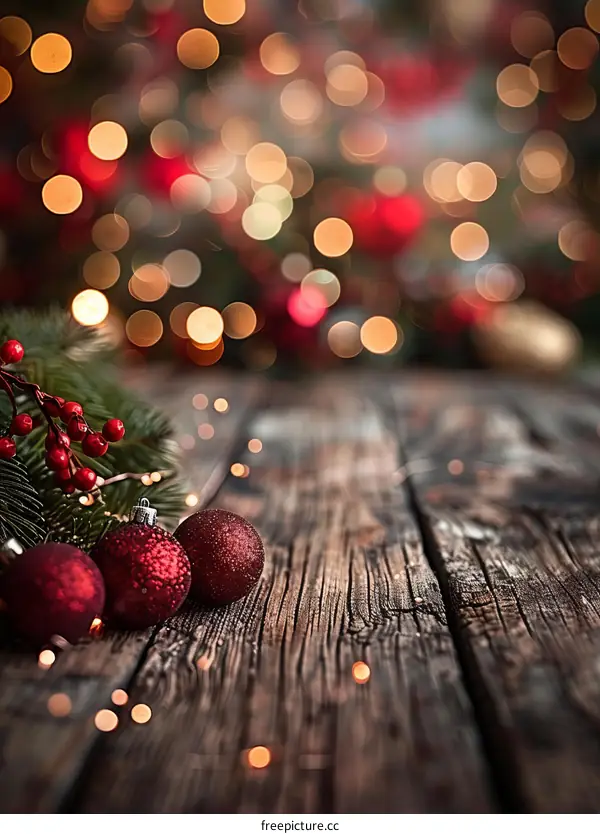 Christmas Ornaments on Wood with Twinkling Lights Backdrop