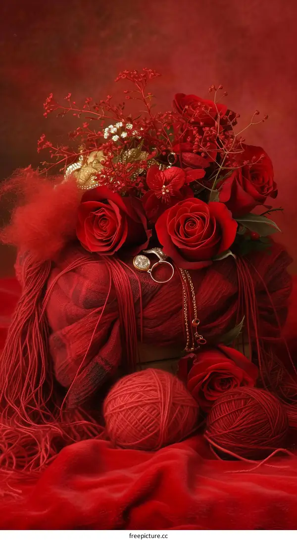 Red roses and yarn with a gold ring and necklace