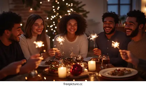 Friends Celebrating Christmas Dinner with Sparkler