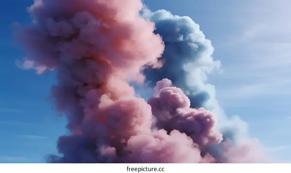 Vibrant Pink and Blue Smoke Clouds Against Clear Blue Sky