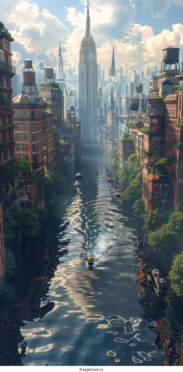 Futuristic City Canal View Illustration