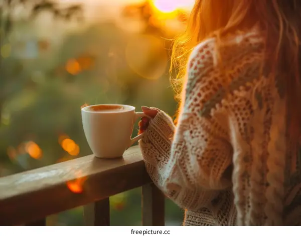 woman in white sweater holding a cup of coffee and watching the sunset
