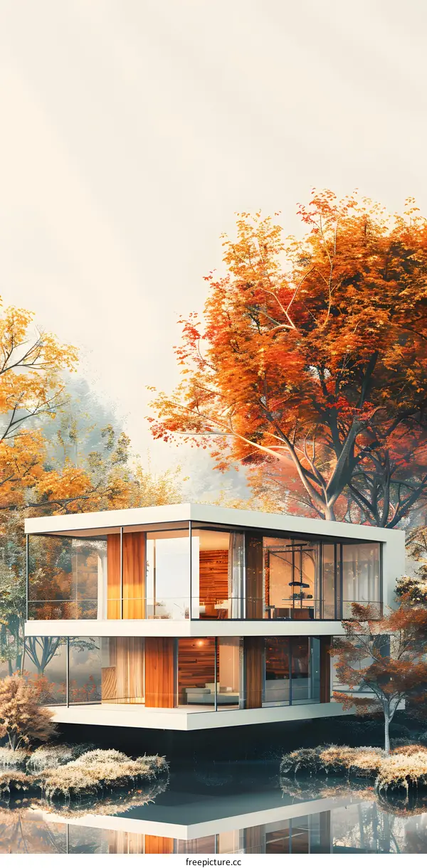 Modern house in autumn forest