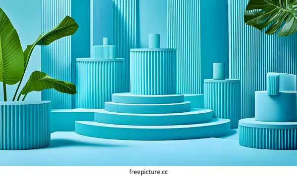 Abstract Blue Background with Green Leaves