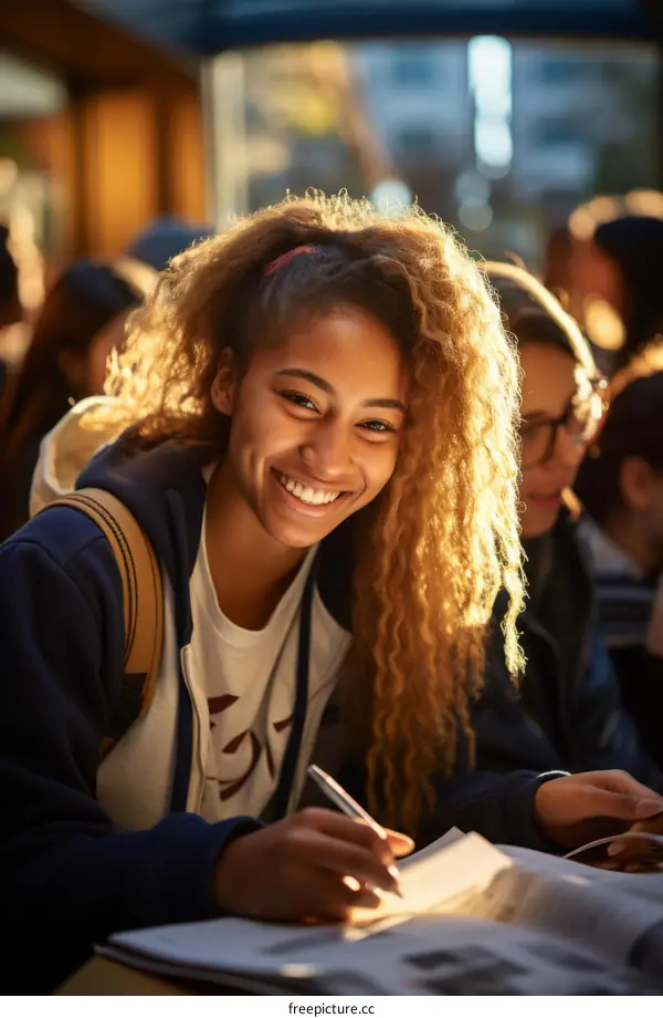 Smiling woman writing in a notebook