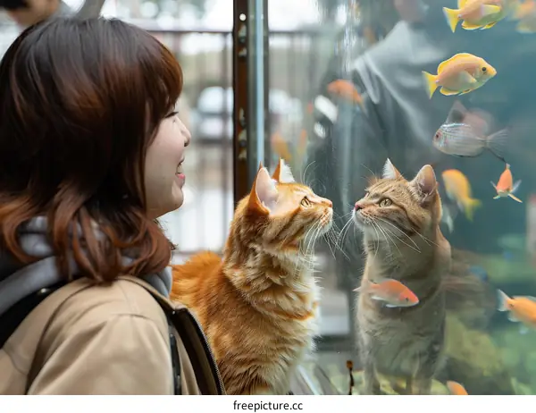 A ginger cat looking at goldfish in a glass tank with a Japanese woman standing beside it