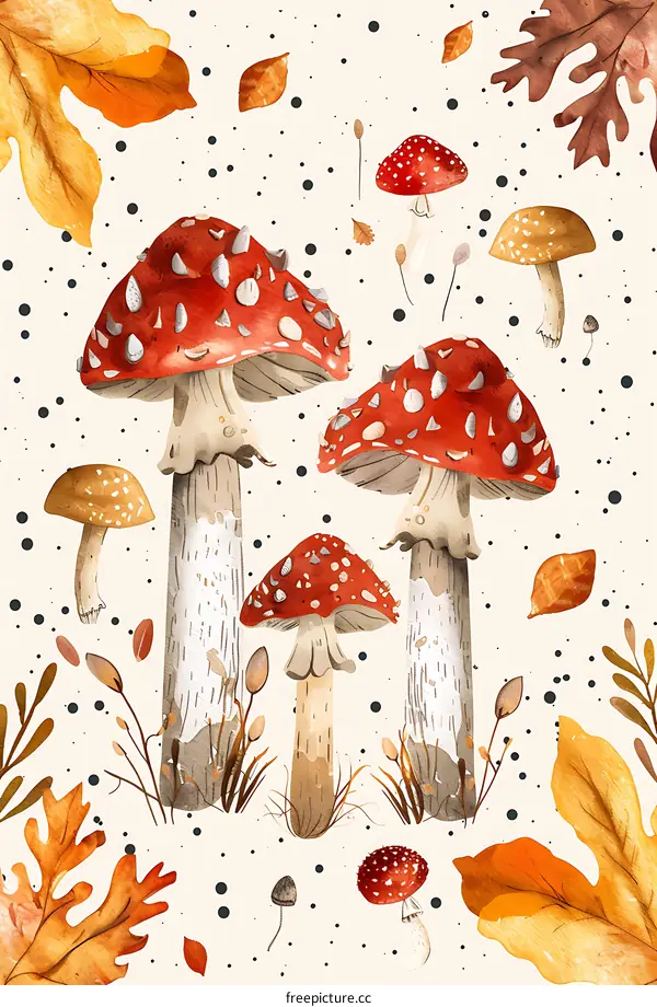 Watercolor Autumn Illustration with Mushrooms and Leaves
