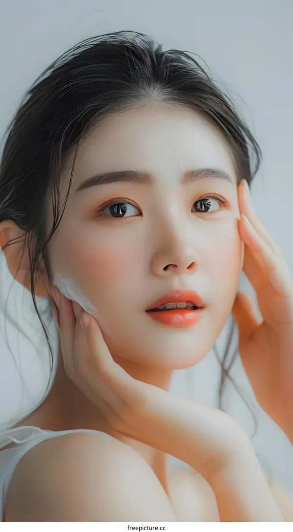 Beautiful Asian Woman Applying Face Cream on her Skin