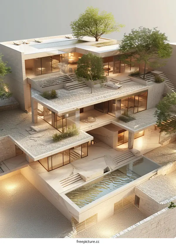 Modern Architectural Design of a Multi-Level House with Pool