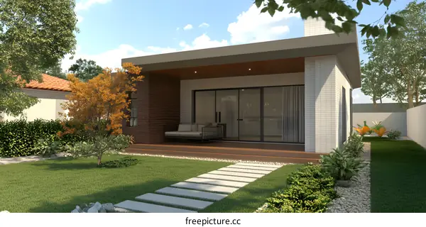 Modern House Backyard Design With Stone Pathway