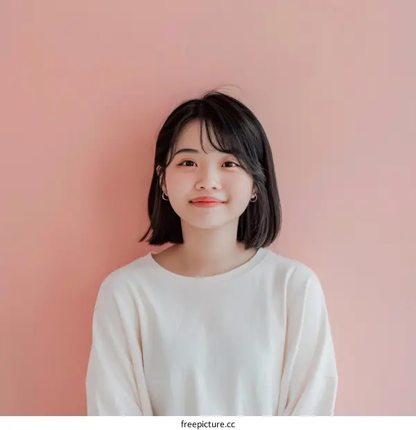 Portrait of a Young Woman with Short Black Hair Against a Pink Background
