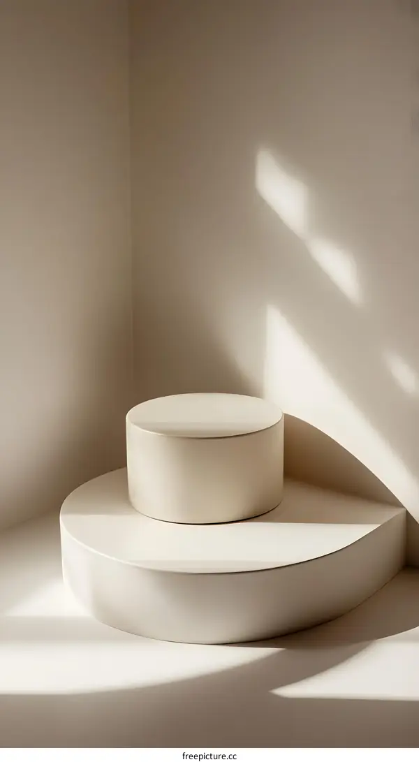 Minimalist Product Display with White Cylindrical Platforms and Light Shadows
