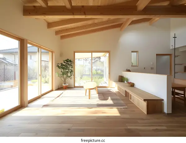 Modern Japanese Style Living Room Interior Design With Wooden Beams And Large Windows
