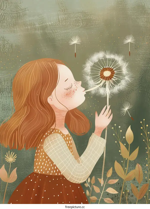 Young Girl Blowing Dandelion Seeds in Nature