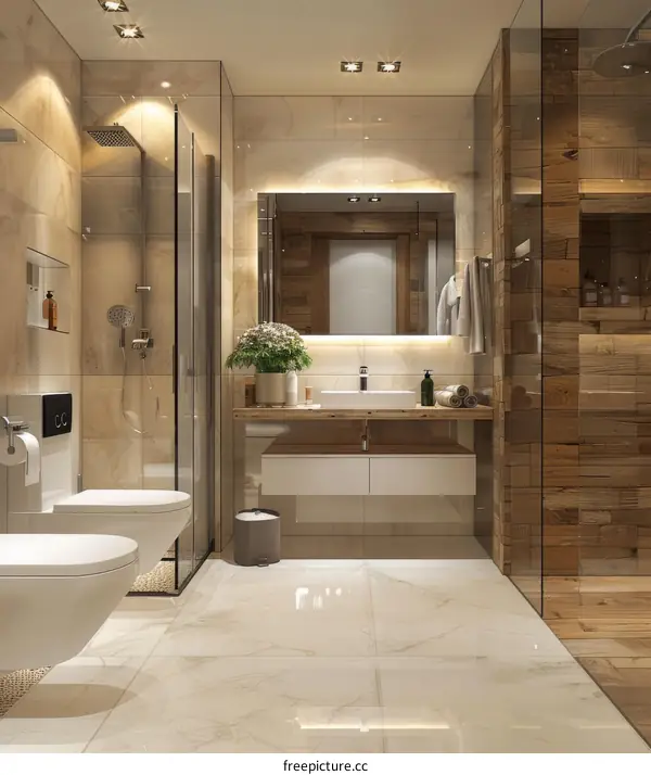 Bathroom interior with large ceramic tiles and wooden wall