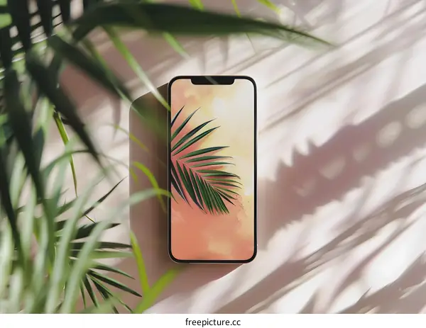 Smartphone With Palm Leaf Wallpaper On Pink Background