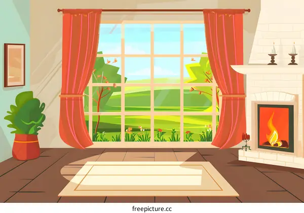 Living Room with Large Window and Fireplace Illustration