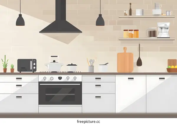 Modern Kitchen Interior Design with White Cabinets and Black Appliances