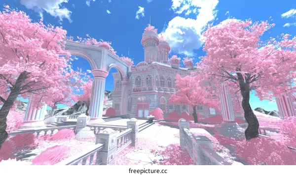 Blossoms and the Palace Under the Pink Sky