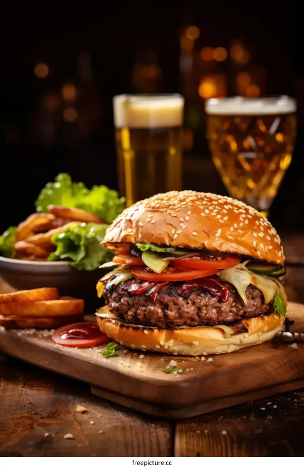 A delicious cheeseburger with a side of fries and a glass of beer