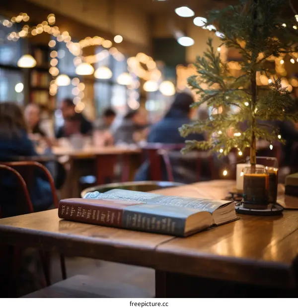 An open book sits on a wooden table in a bookstore.