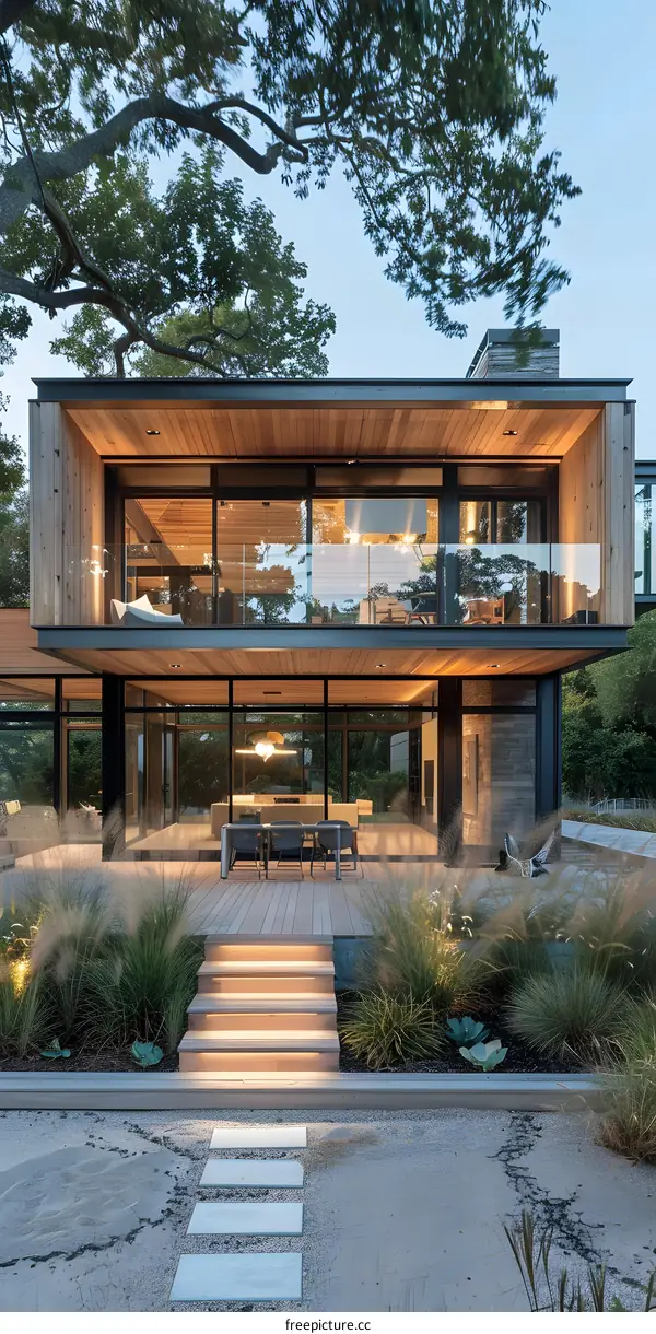 Modern House with Wooden Deck and Stone Patio