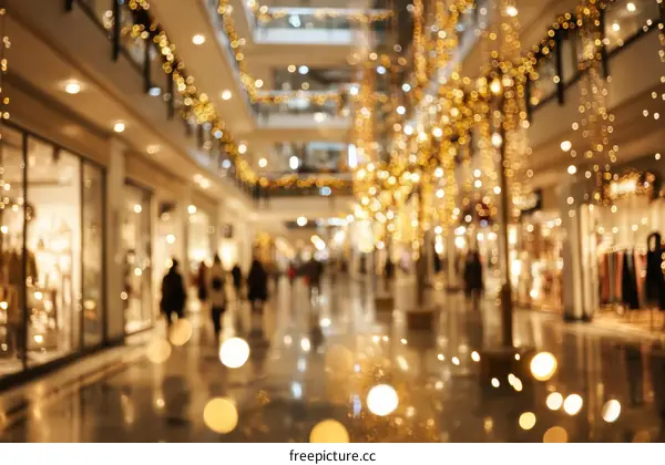 Blurry Festive Shopping Mall Interior at Night