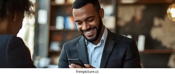 Smiling African American Man Using Phone in Cafe