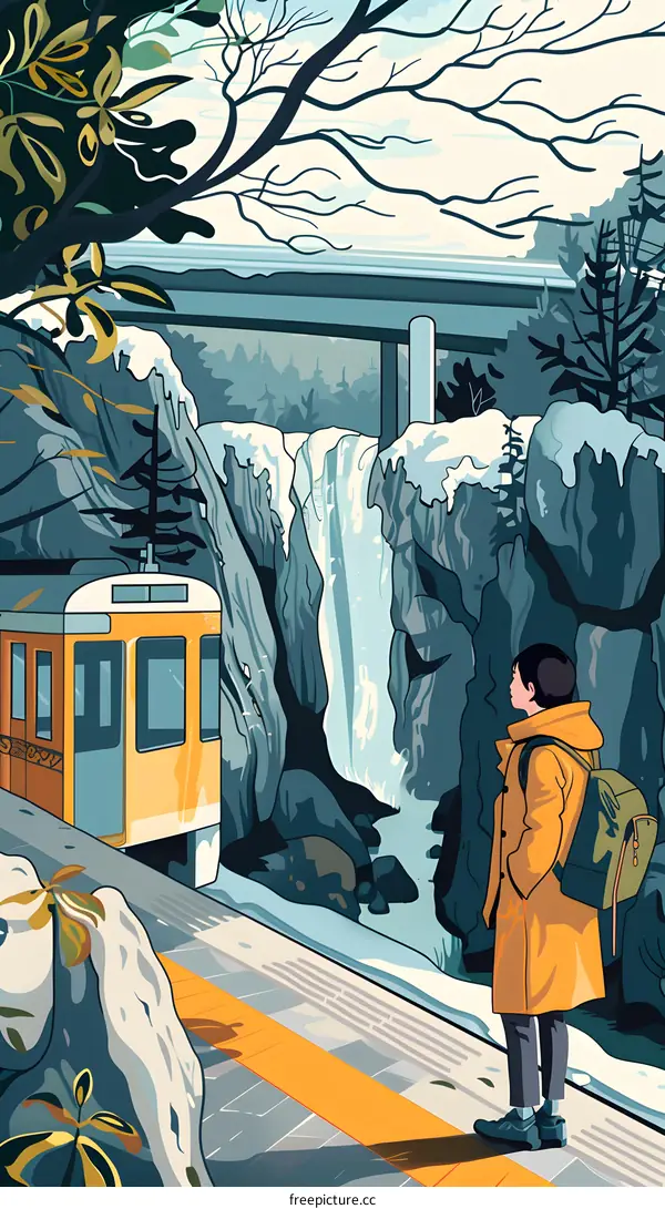 Winter Mountain Train Station Illustration