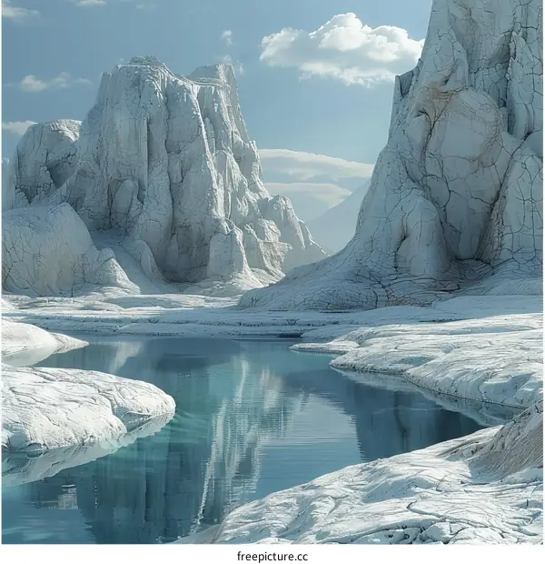 Towering ice mountains and a vibrant blue river flow through them